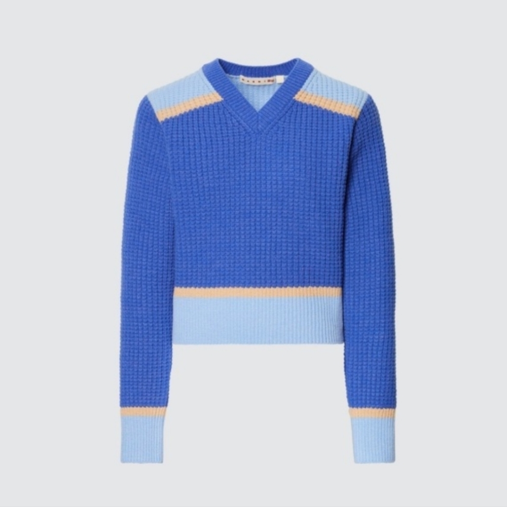 Marni Blue V-Neck Knit Sweater with Light Blue and Peach Trim